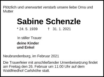 Traueranzeigen Von Sabine Schenzle Trauer Nordkurier