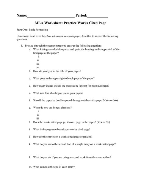 Citing Sources Mla Format Worksheet