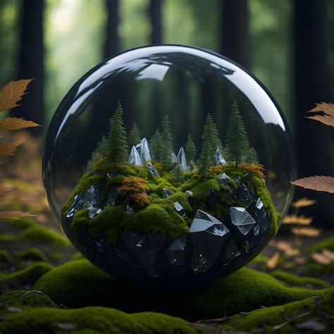 Premium AI Image | a crystal ball with a forest inside of it and also ...