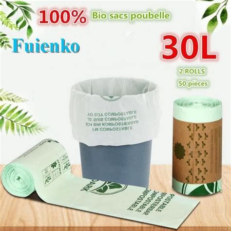 Fuienko 50 Sacs poubelle bio compostable 30L avec poignée 100