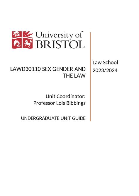Sex Gender And Law Guide LAWD SEX GENDER AND THE LAW Unit Coordinator Professor