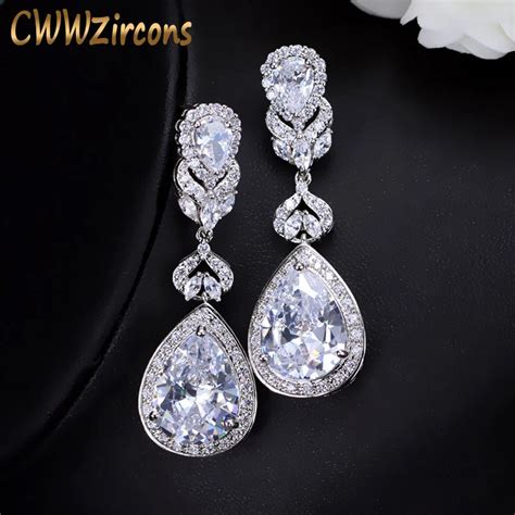 Cwwzircons Elegant Water Drop Shaped Cubic Zirconia Crystal Bridal Long