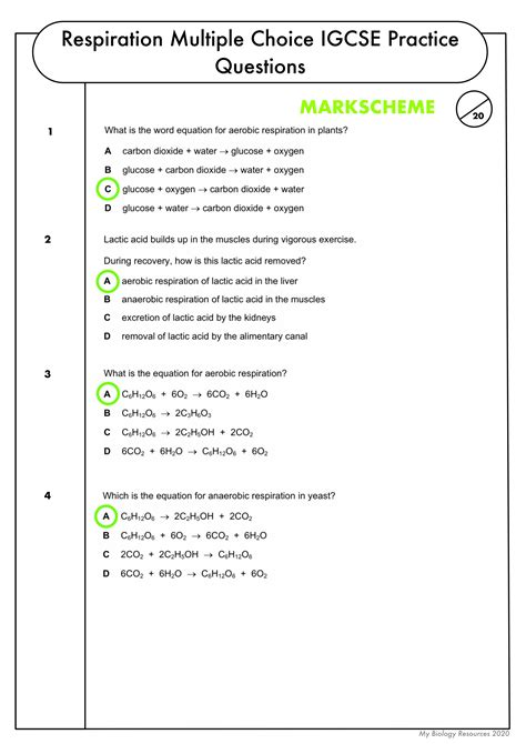 GCSE Biology Multiple Choice Topic Question Pack On Respiration