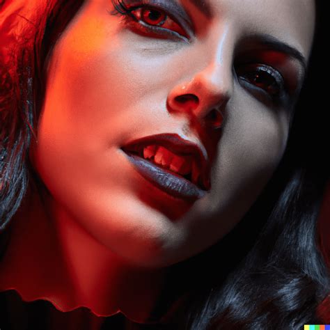 A Seductive Female Vampire With Fangs Cinematic Lighting Red Theme