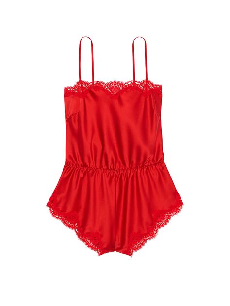 Buy Satin Lace Trim Romper Bright Vermillion Order Rompers Online Victoria S Secret Us