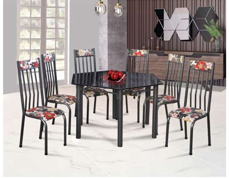 Conjunto Mesa Valentina Sextavada Para Cozinha Tubular 6 Cadeiras