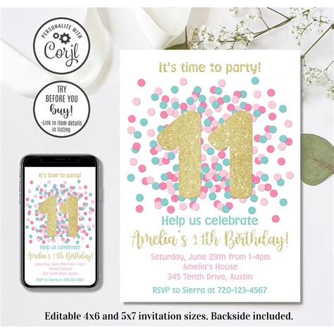 Editable 11th Birthday Invitation 11th Invitation Eleventh Inspire