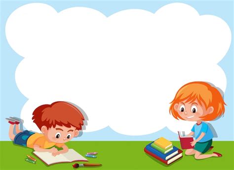 Niño y niña leyendo el marco de la nube Vector Premium