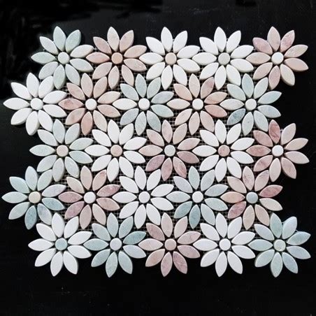 Daisy Flower Pattern Green Celeste Thassos Pink Tumbled Marble Mosaic