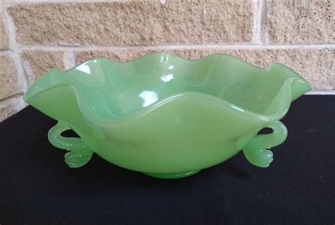 Fenton Dolphin Jadeite Bowl Crimped Edge Jadeite Bowl With 3 Dolphin Handles Vintage 1920s