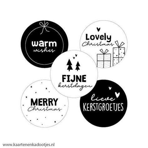 5 Stickers Rond 40 Mm Kerst Assorti Zwart Wit Kaarten En Kadootjes