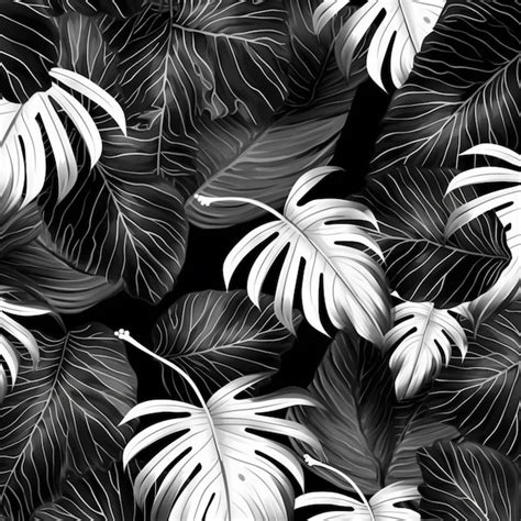 Hojas Tropicales En Blanco Y Negro Sobre Un Fondo Negro Foto Premium