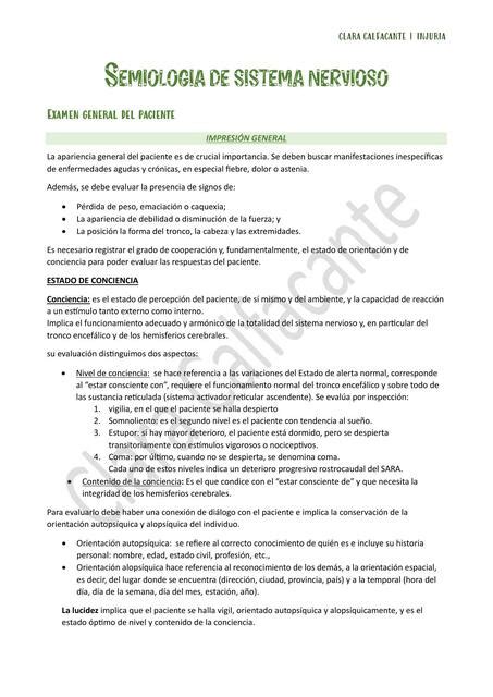 Semiolog A Sistema Nervioso Examen Fisico General Clara Calfacante