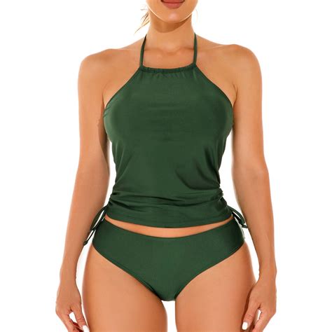 Wreesh Womens Two Piece Swimsuit Tankini Halter New Fashion Split Swimsuit Solid Casual Bikini