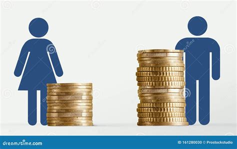 Gender Pay Gap Male And Female Signs Near Different Stacks Of Coins