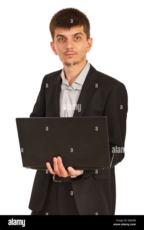 Business Man Holding Laptop Isolated On White Background Stock Photo