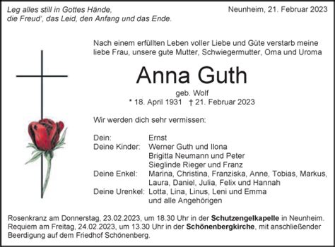 Traueranzeigen Von Anna Guth OstalbTrauer