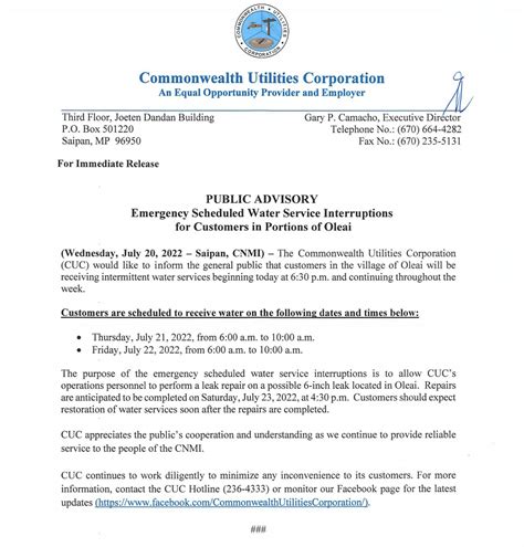 2022 Jul 20 Public Advisory Re Emergency Water Service Interruption