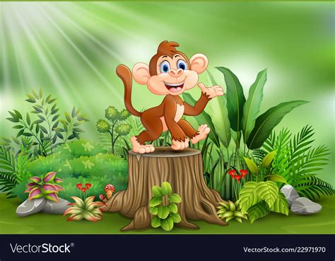 Cartoon A Monkey Sitting On Tree Stump With Green Vector Image