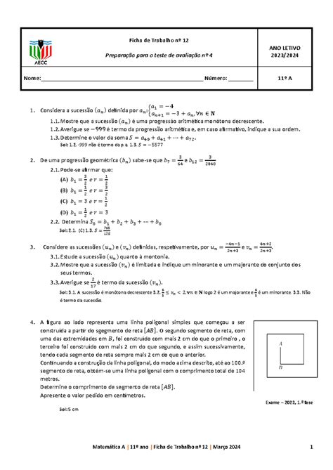 Ficha 12 Preparação Teste 4 Matemática A 11º Ano Ficha De