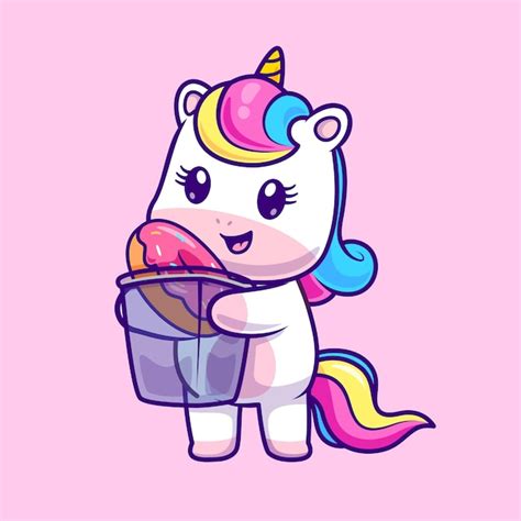 Lindo Unicornio Trae Donut En La Cesta De Dibujos Animados Vector Icono