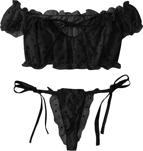 Amazon Lilosy Petite Sexy Stretch Ruffle Tie Sheer Mesh Lingerie Set Outfits 2 Piece Women