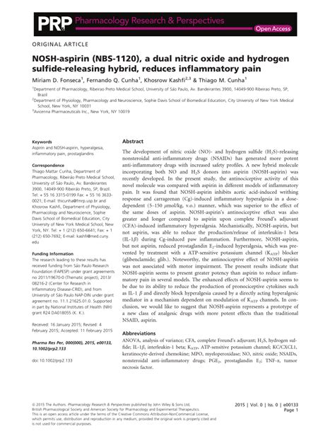 PDF NOSH Aspirin NBS 1120 A Dual Nitric Oxide And Hydrogen Sulfide