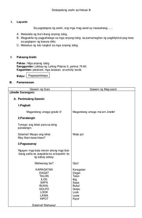 Detailed Lesson Plan In Araling Panlipunan Grade 3 Anyong Tubig Tugatog Tubig