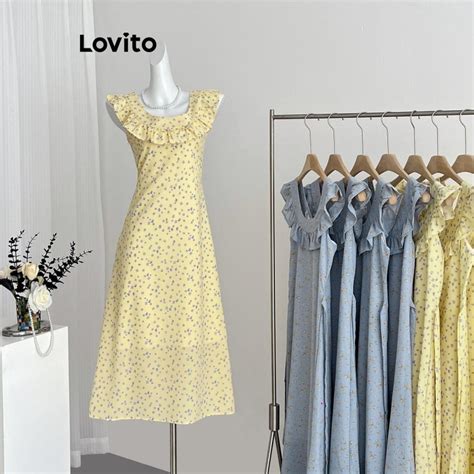 Lovito Women Casual Ditsy Floral Lettuce Trim Dress Lna Shopee