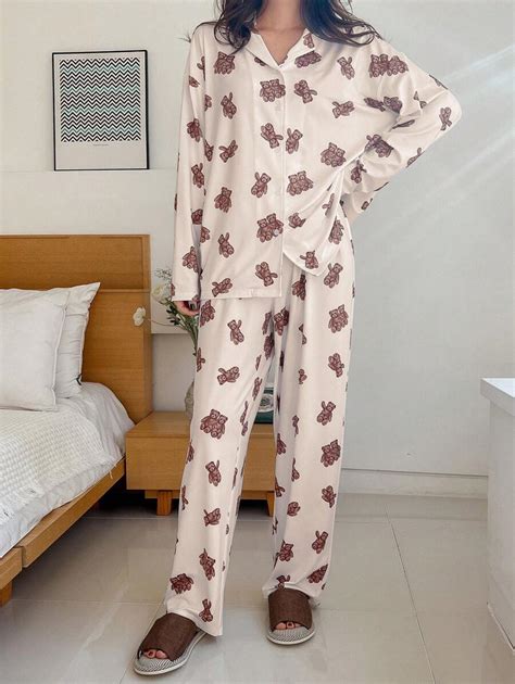 Dazy Bear Print Button Front Pj Set Shein Usa