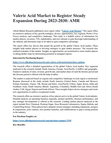 Valeric Acid Market To Register Steady Expansion During 2023 2030 AMR