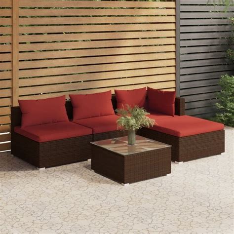 VidaXL 5 Delige Loungeset Met Kussens Poly Rattan Bruin Tuinset