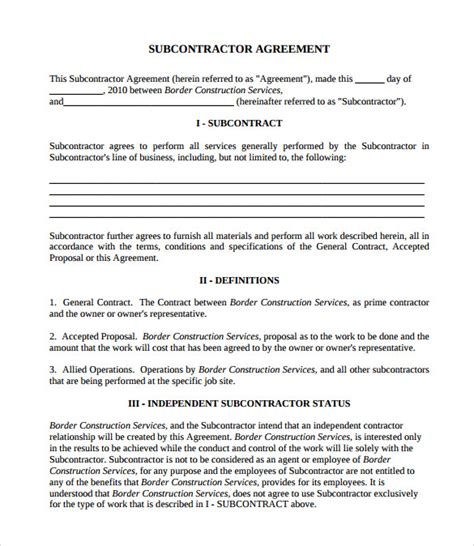 Free Subcontractor Contract Templates In Pdf Ms Word