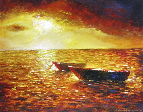 Картина Закат на море с лодками, Пейзаж морской, Черное море, масло в ...