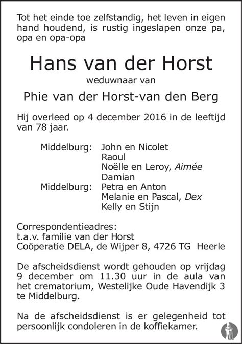 Hans Van Der Horst 04 12 2016 Overlijdensbericht En Condoleances