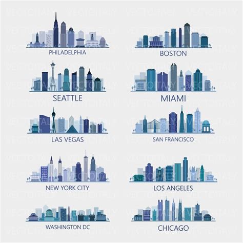 Bundle Of Us City Skylines Illustrated In Vector And Available Etsy