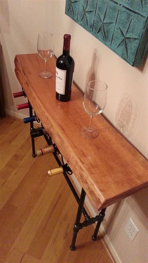 Hand Crafted Live Edge Cherry Wood Slab Wine Rack Table By Texas