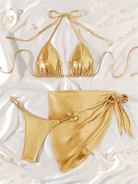 Shein Swim Women S Solid Color Metal Texture Halter Neck Bikini Set With Wrap Around Strap Sexy
