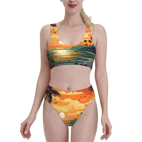 Logiee Tropical Sunset Paradise Print Women S 2 Piece Bikini Set Halter Bathing Suit High