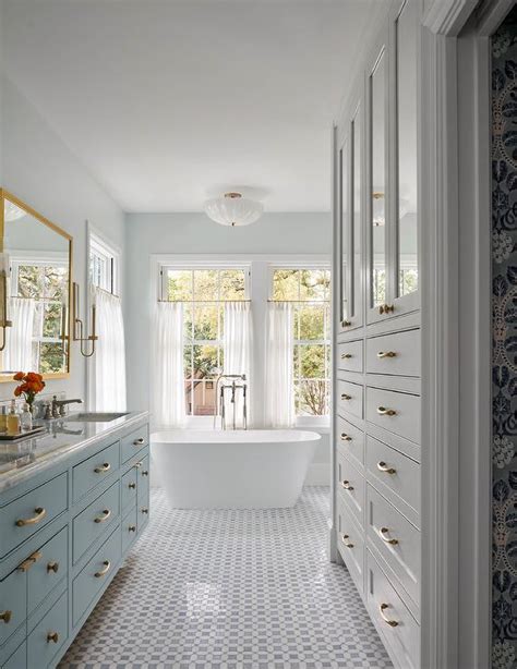 Blue Dual Washstand With Brass Pulls Transitional Bathroom