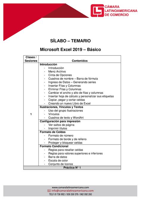 Silabus Temario Excel Básico 2019 SÍLABO TEMARIO Microsoft Excel