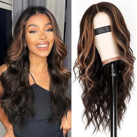 Aisi Hair Dark Brown With Highlights Wig For Women Long Wavy Lace Hairline Middle