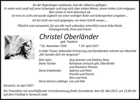 Traueranzeigen Von Christel Oberl Nder Geb Traebert Abschied