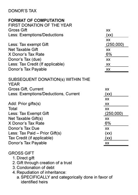 Donors Tax Summary Notes Donors Tax Format Of Computation First