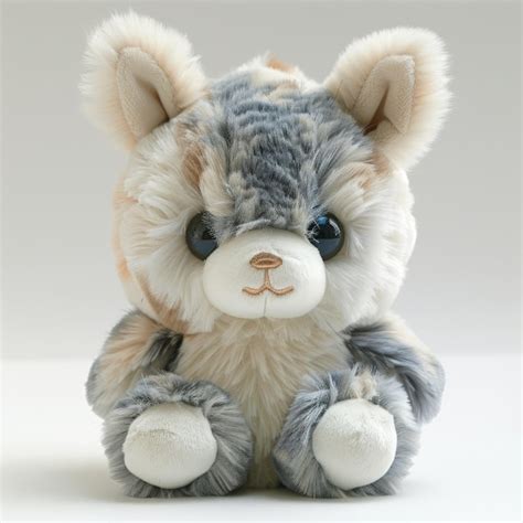 Cute Plush Toy Cat With Big Eyes And Fluffy Fur On White Background