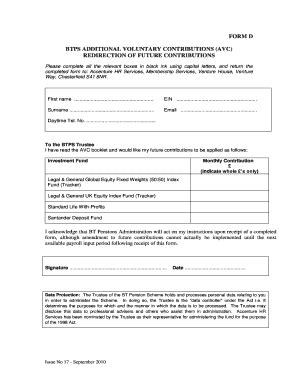 Fillable Online Btpensions Form D Btps Additional Voluntary