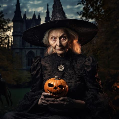 Premium AI Image | Old witch halloween with pumpkin on dark background