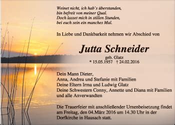 Traueranzeigen von Jutta Schneider Schwarzwälder Bote Trauer