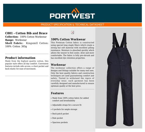 Portwest® Cotton Bib And Brace C881