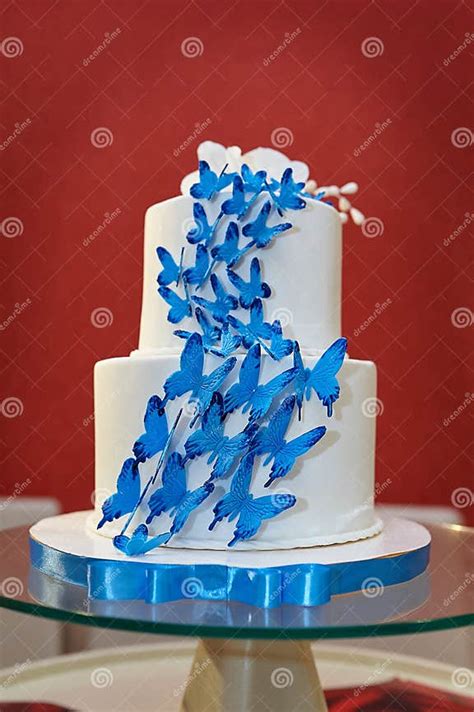 Two Tier Wedding Cake With Blue Butterflies Stock Image Image Of Closeup Bride 94704119